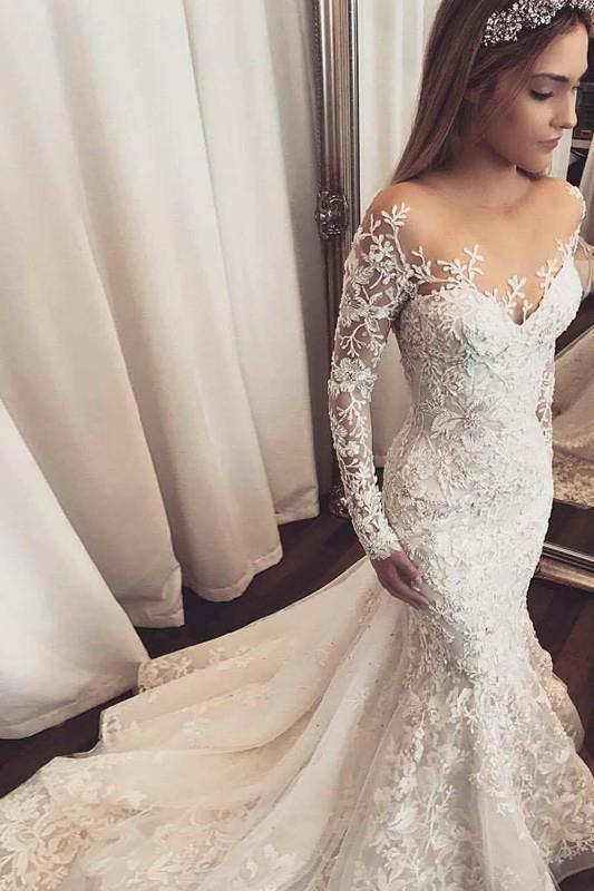 Bmbride Illusion Long Sleeves Tulle Appliques Beach Wedding Dress