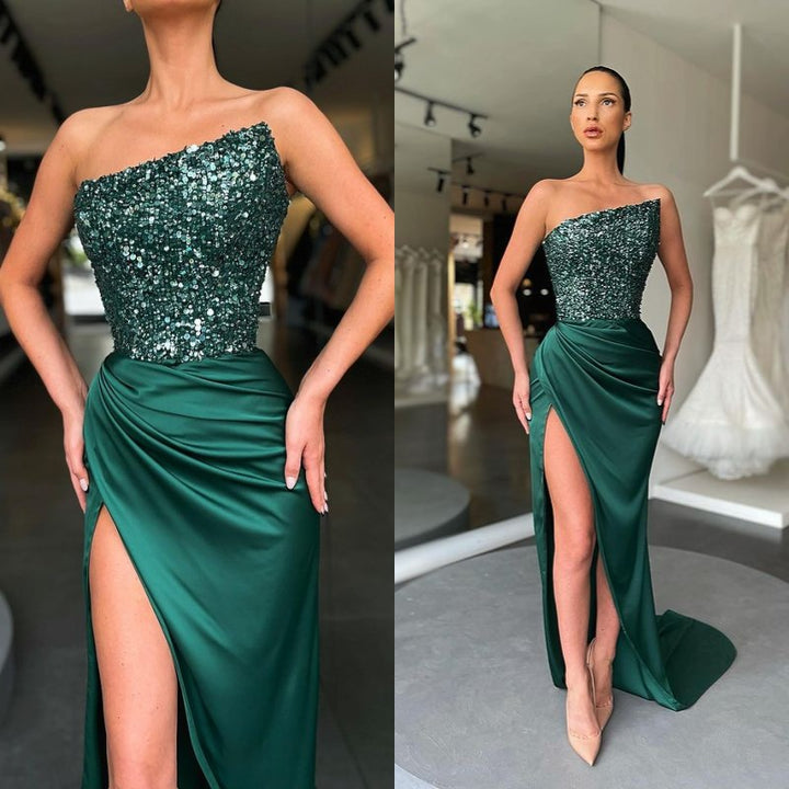 Sequins Prom Dress With Split Dark Green