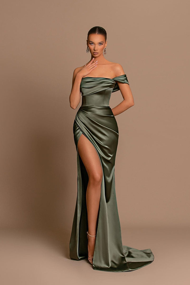 Charming Sage Green Off The Shoulder Evening Dress: Ball Gown Sleeveless Slit Pleated