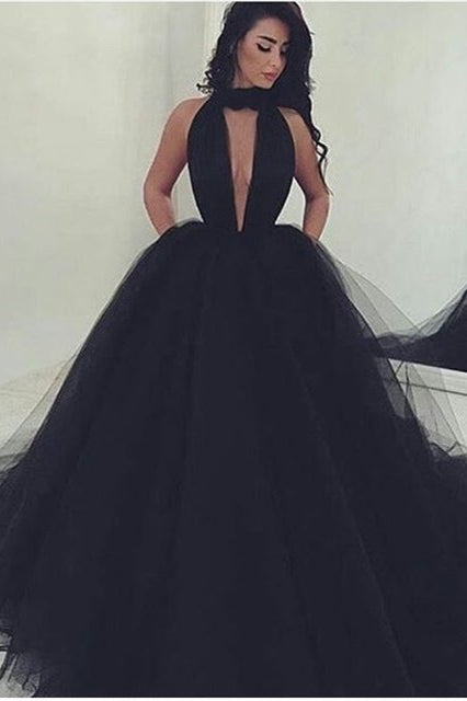 Evening Dress High-Neck Tulle in Black