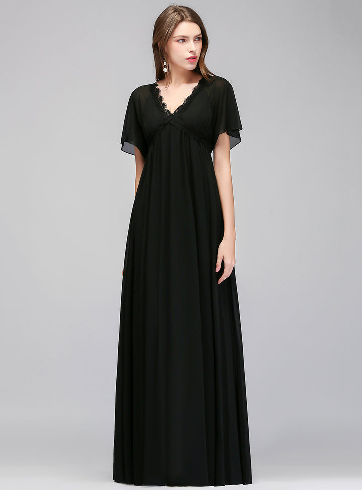 A-line Short Sleeves Chiffon Floor-Length Dress Black Koscy 11