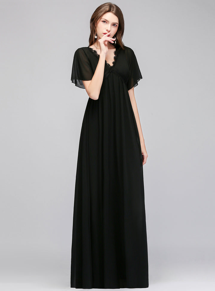 A-line Short Sleeves Chiffon Floor-Length Dress Black Koscy 12