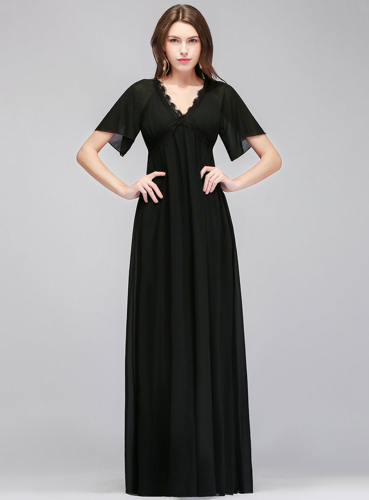 A-line Short Sleeves Chiffon Floor-Length Dress Black Koscy 13