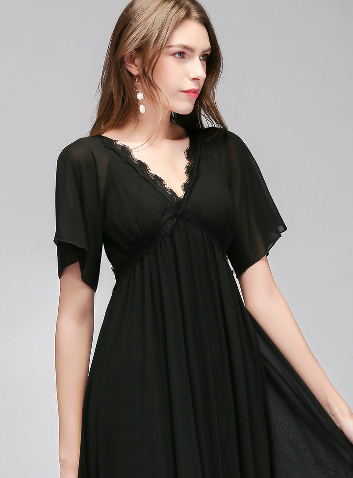 A-line Short Sleeves Chiffon Floor-Length Dress Black Koscy 14