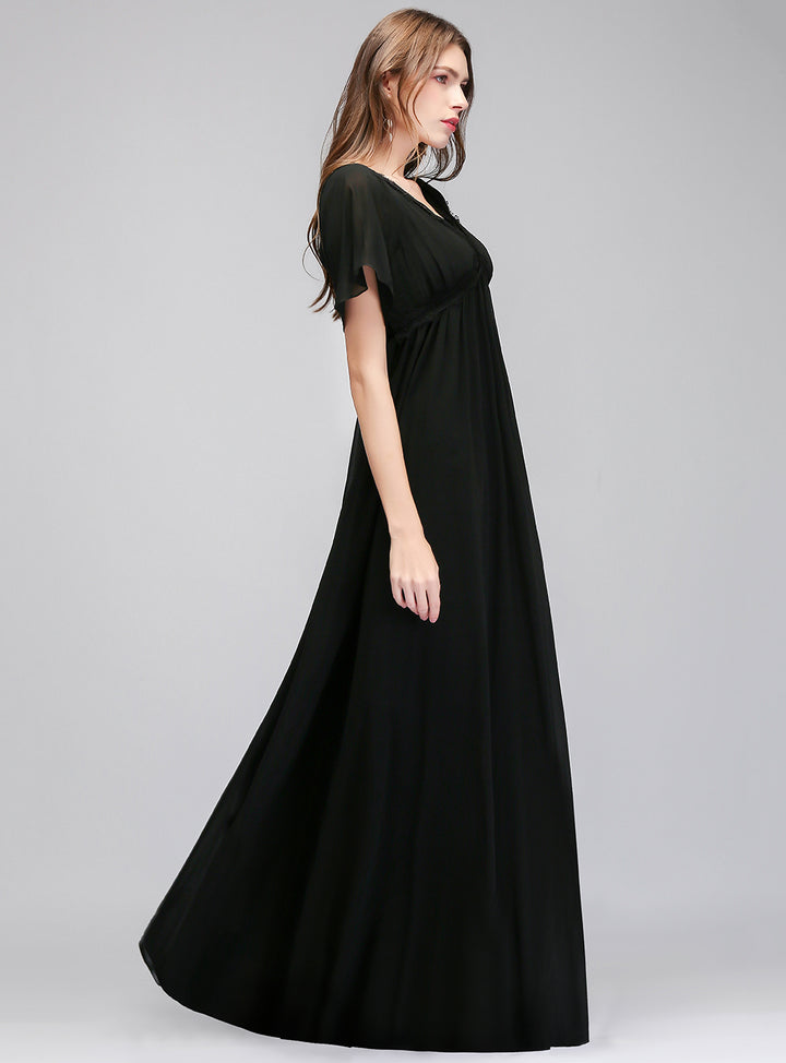 A-line Short Sleeves Chiffon Floor-Length Dress Black Koscy 15