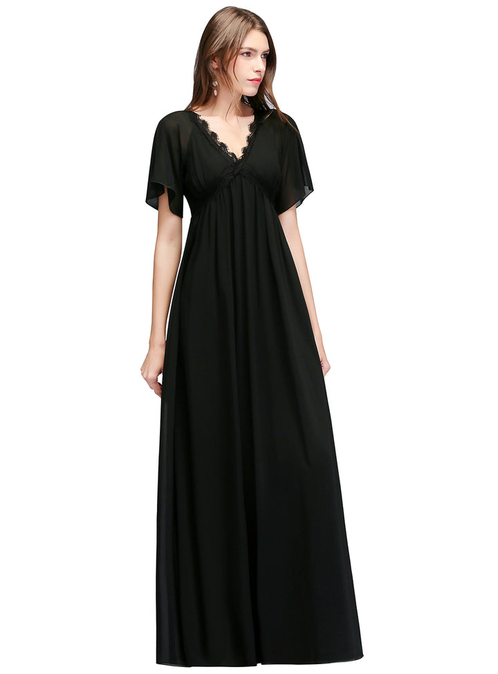 A-line Short Sleeves Chiffon Floor-Length Dress Black Koscy 17