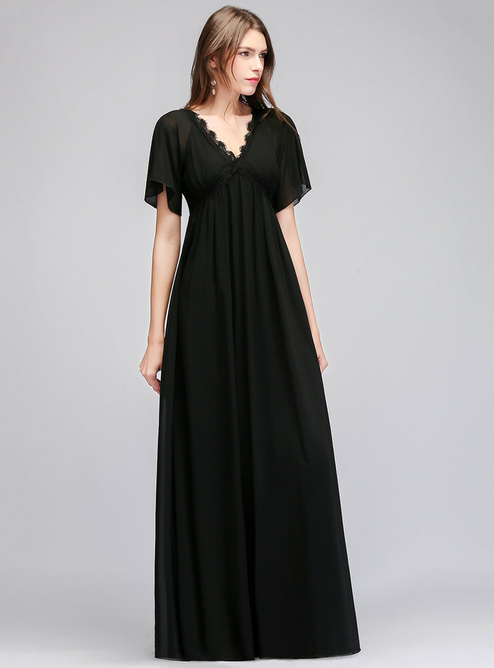 A-line Short Sleeves Chiffon Floor-Length Dress Black Koscy 16