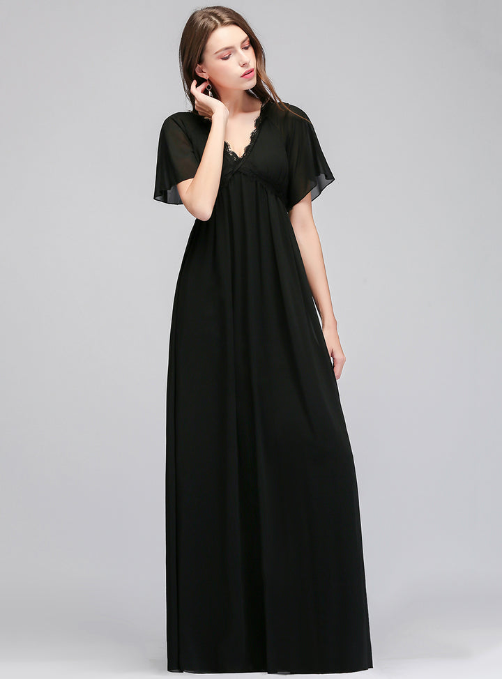 A-line Short Sleeves Chiffon Floor-Length Dress Black Koscy 18