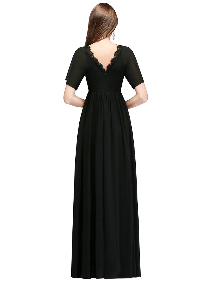 A-line Short Sleeves Chiffon Floor-Length Dress Black Koscy 20