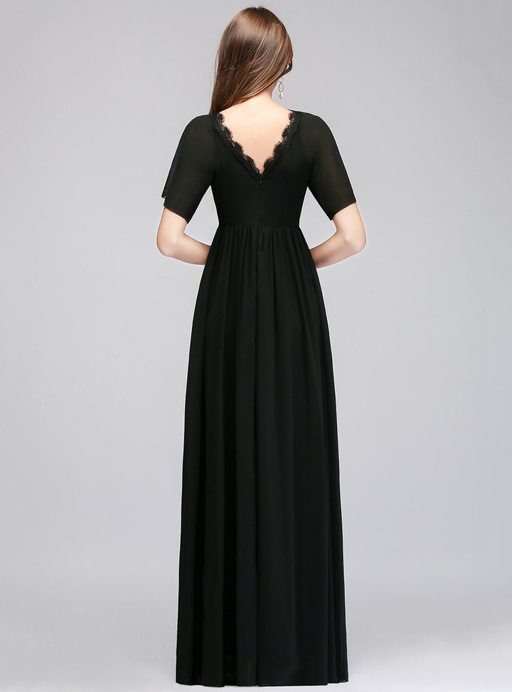 A-line Short Sleeves Chiffon Floor-Length Dress Black Koscy 19