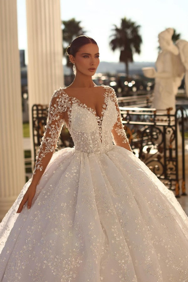 Bmbride Ball Gown Sweetheart Tulle Lace Appliques Wedding Dress with Sleeves