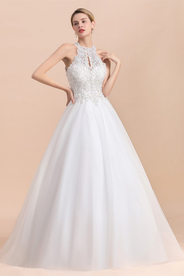 Bmbride Sleeveless Wedding Dress with Halter Lace Appliques and A-line Sequins