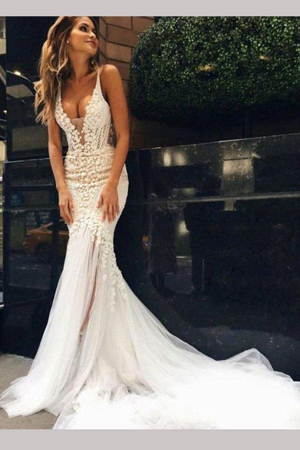 Bmbride Luxurious Deep V-neck Tulle Mermaid Wedding Dress
