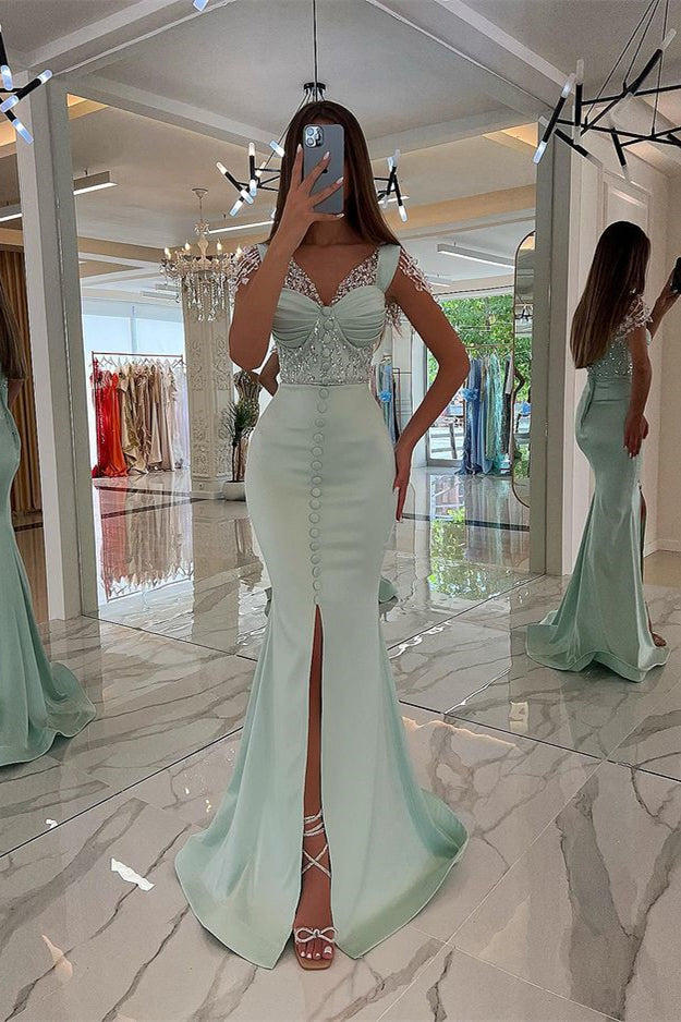 Stunning Mint Green Cap Sleeves Prom Dress with Long Front Slit and Buttons Beads