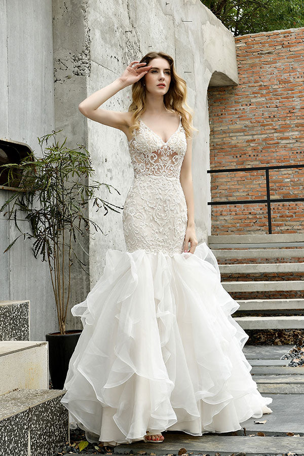 Bmbride V-neck Appliques Mermaid Wedding Dress