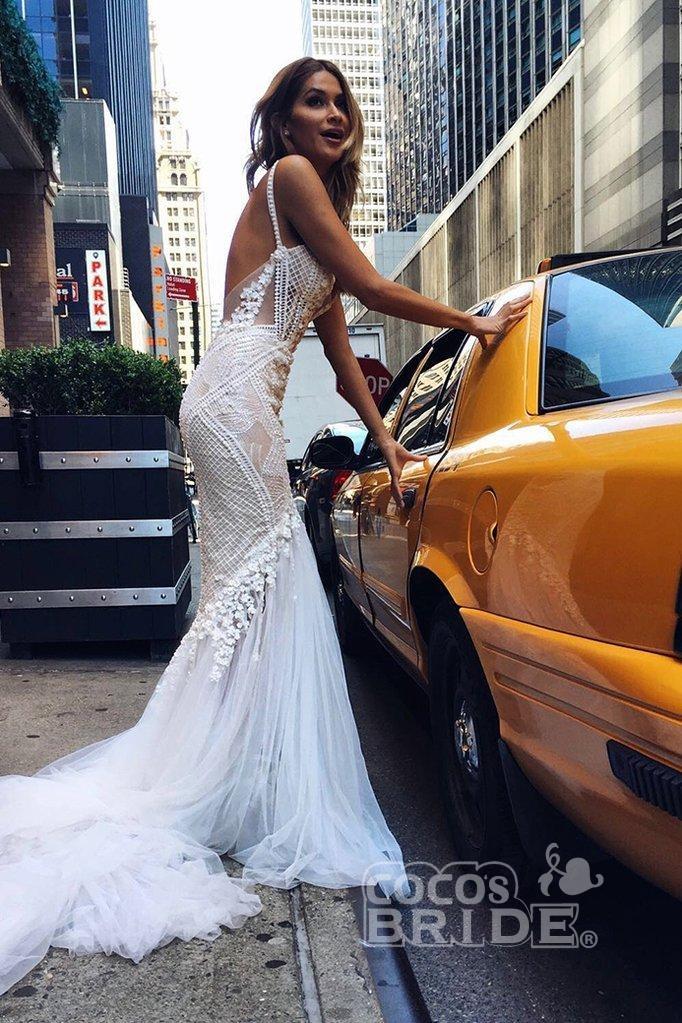 Bmbride Luxurious Deep V-neck Tulle Mermaid Wedding Dress