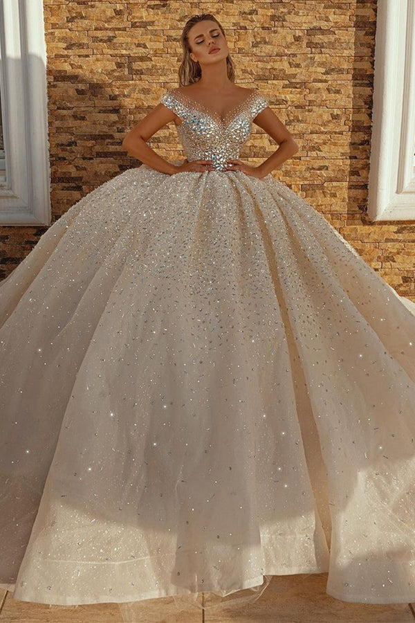 Bmbride Off Shoulder Crystal Sequins Long Ball Gown Wedding Dresses