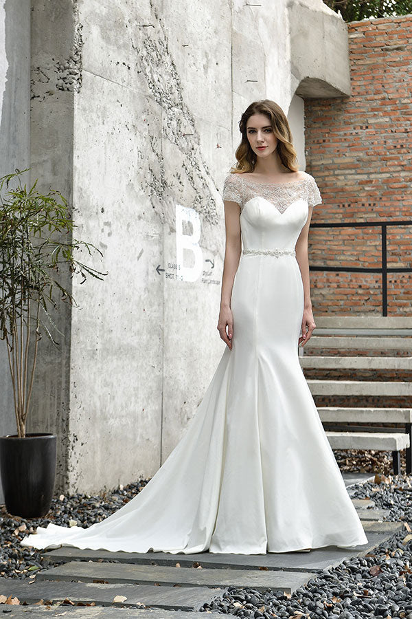 Bmbride Short-Sleeve Mermaid Satin Lace Bridal Gown