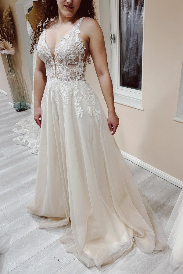 Bmbride A-line Sleeveless Floor Length Wedding Dress with Appliques