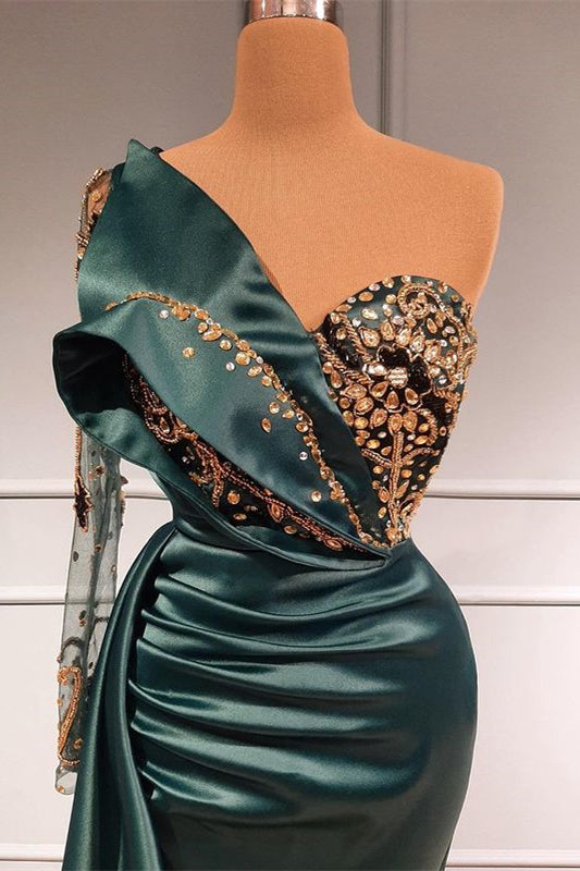 Elegant Dark Green Mermaid Evening Dress with Beads Long Lace Sleeves and Appliques