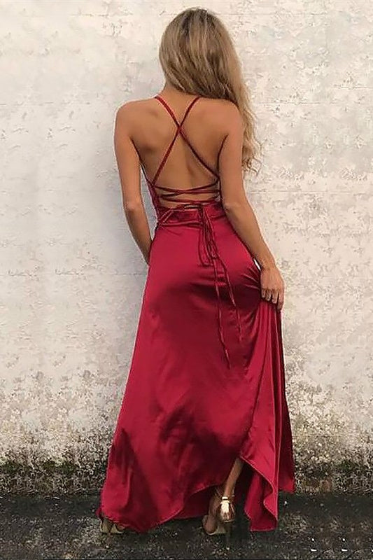 Burgundy Halter Prom Dress With Slit