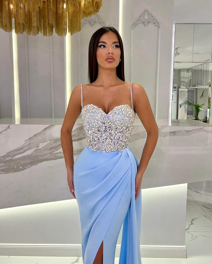 Baby Blue Prom Dress with High Slit Spaghetti Straps Sweetheart Appliques