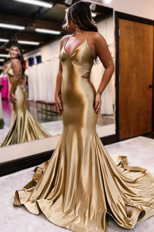 Golden Prom Dress: V Neck Mermaid Style Sleeveless and Backless