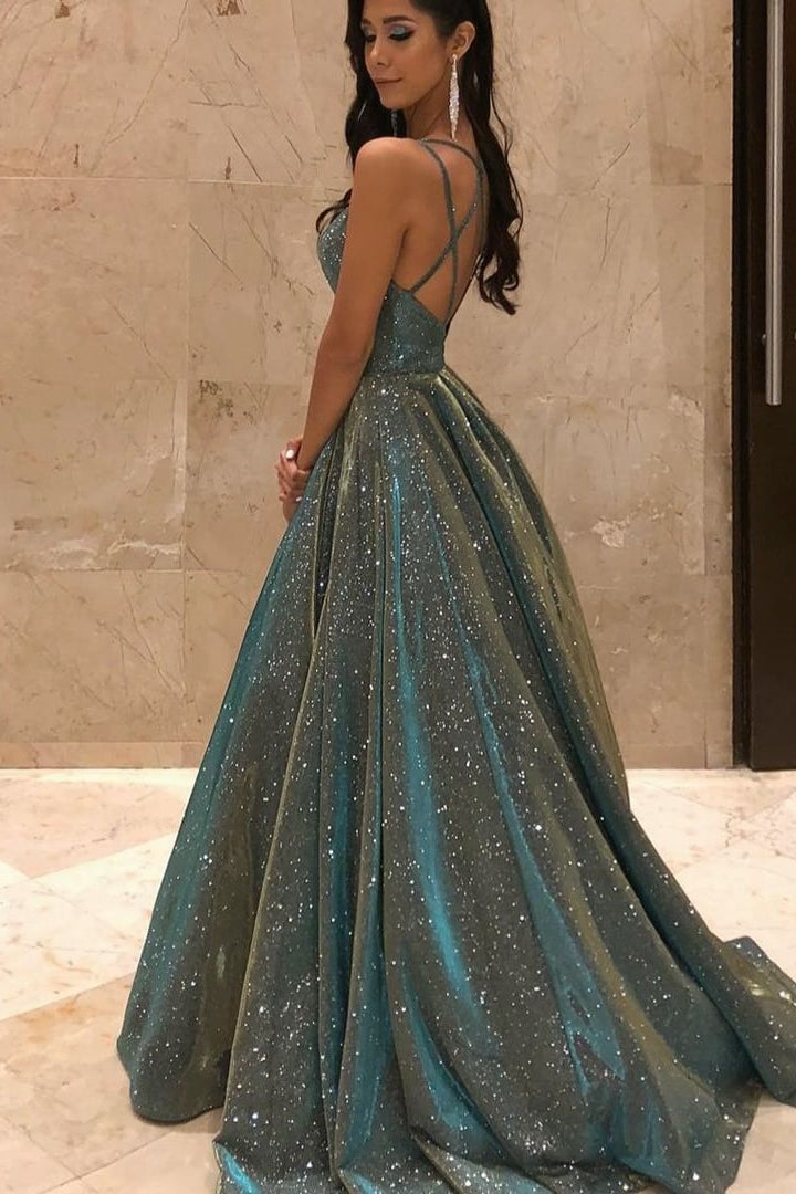 Shimmering Spaghetti-Straps V-Neck Sequins Prom Dress Sleeveless Long