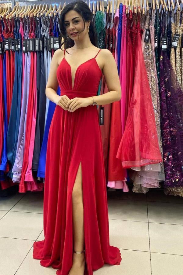 Long Red Prom Dress with Spaghetti Straps and Slit