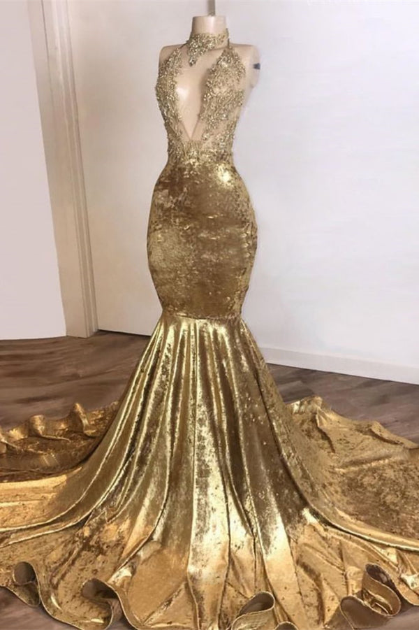 Golden Sleeveless High Neck Mermaid Prom Dress With Lace Appliques