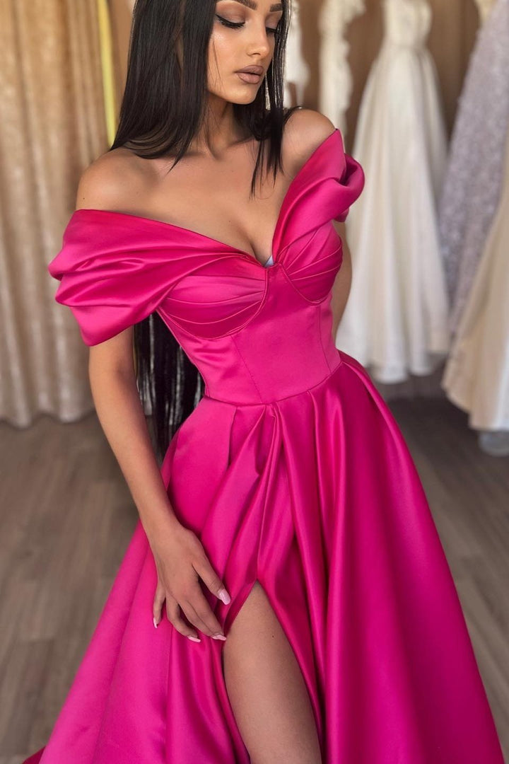 Fuchsia Portrait A-Line Prom Dress with Split