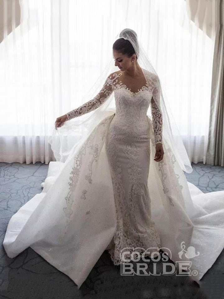 Bmbride Lace Mermaid Wedding Dresses with Long Sleeves