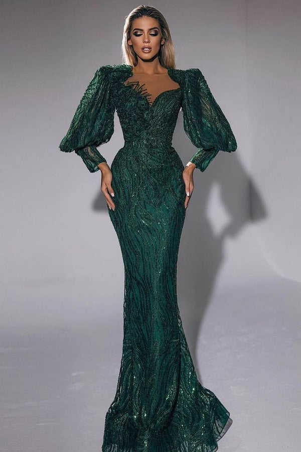 Sweetheart Long Sleeves Mermaid Evening Dress in Dark Green with Sequins