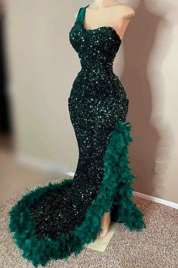 Dark Green One shoulder Split Ruffles High Split Prom Dress