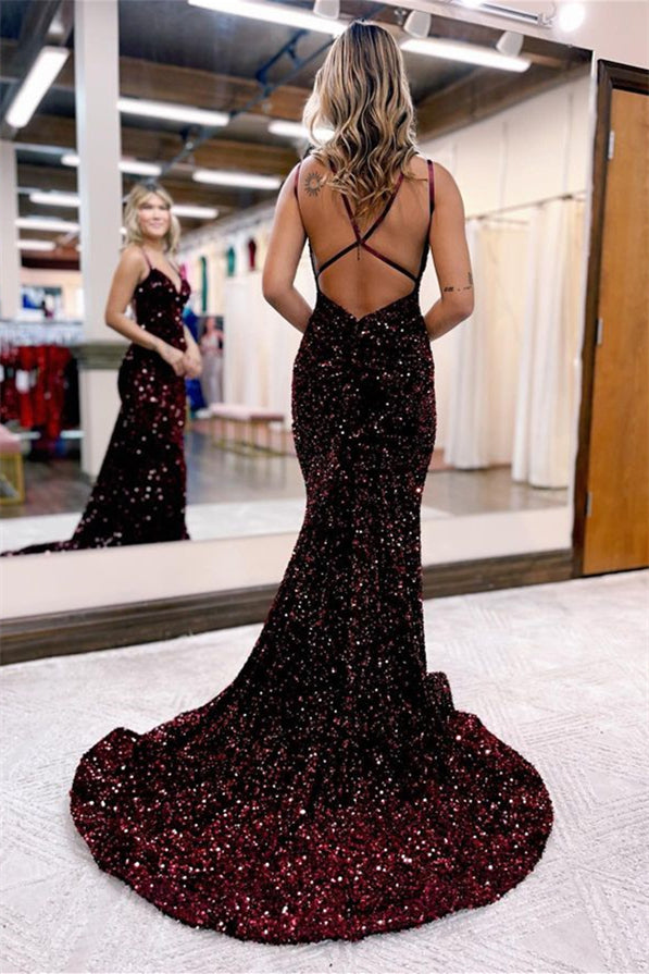 Sequins Long Evening Dress V Neck Spaghetti Strap