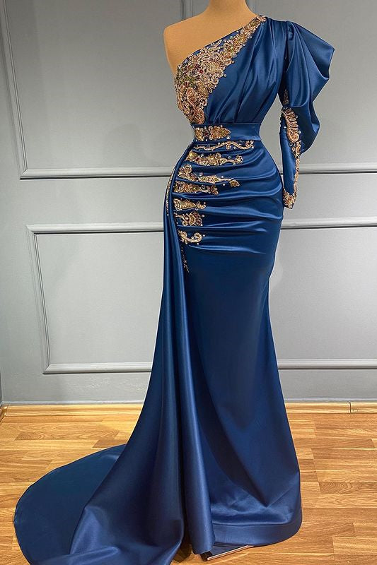 Long Royal Blue Mermaid Prom Dress with One-Shoulder Beadings