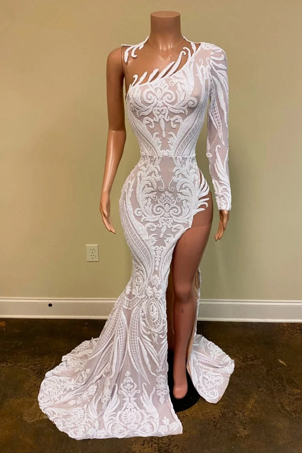 One-Shoulder White Long Sleeves Prom Dress Mermaid Sequins Lace Split