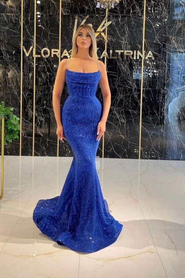 Sleeveless Long Royal Blue Prom Dress with Sequins