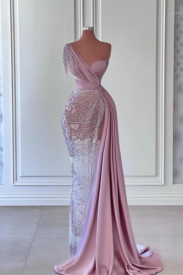 One Shoulder Split Prom Dress Mermaid Beadings