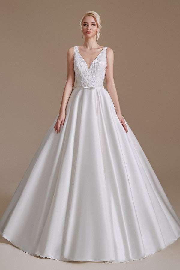 Bmbride A-line V-neck Satin Wedding Dress with Appliques Lace