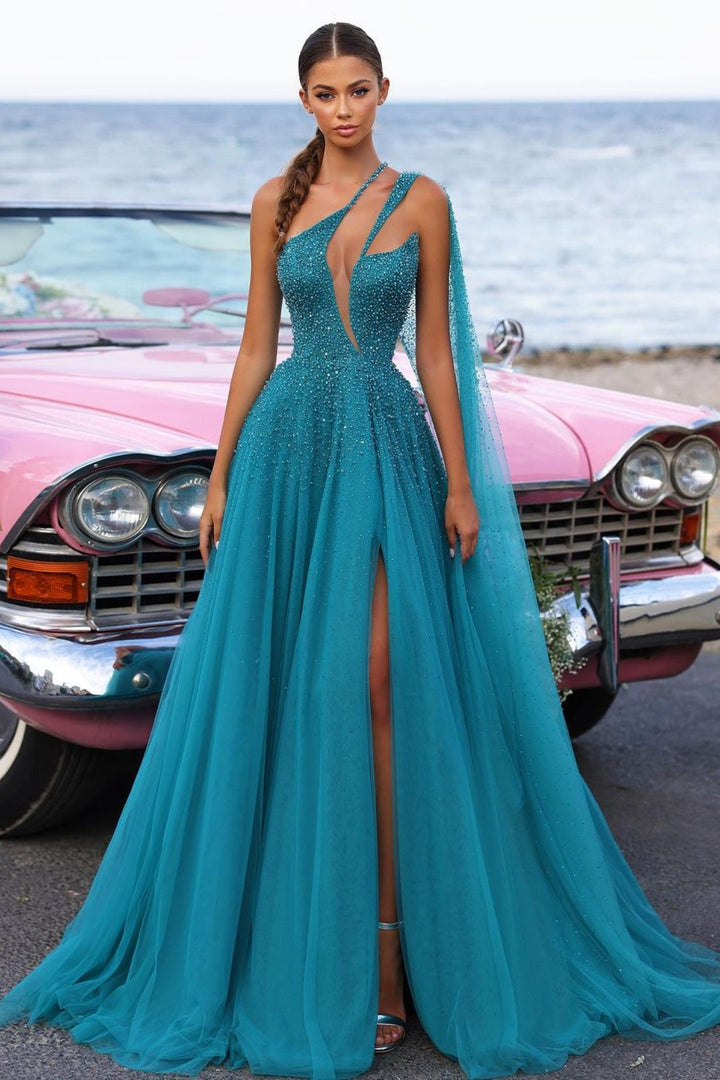 Green Sequins Heavy Tulle Prom Dress with High Slit Trail