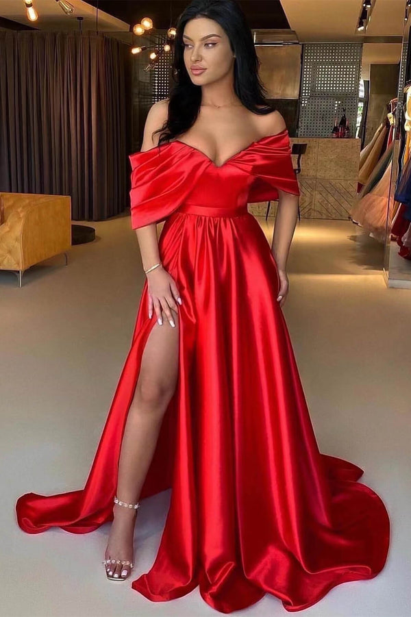 Off The Shoulder Red A Line Split Prom Dress