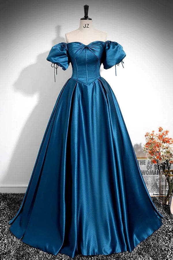 Off The Shoulder Pleated Royal Blue A-Line Prom Dress