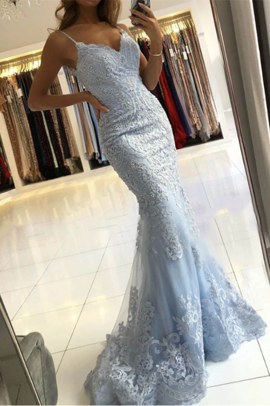 Sky Blue Spaghetti-Straps Mermaid Evening Dress