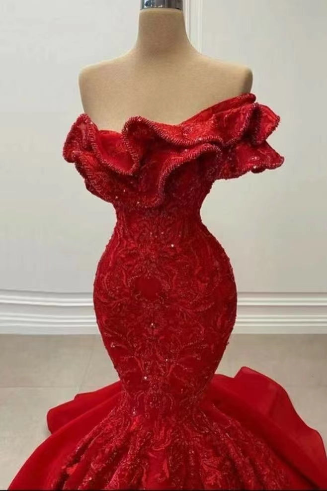 On Sale: Red Elegant Strapless Mermaid Sequins Prom Dress