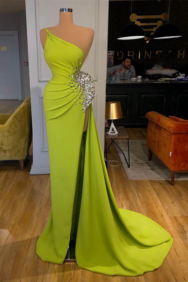 One-Shoulder Sleeveless Beadings Mermaid Prom Dress Split - Green