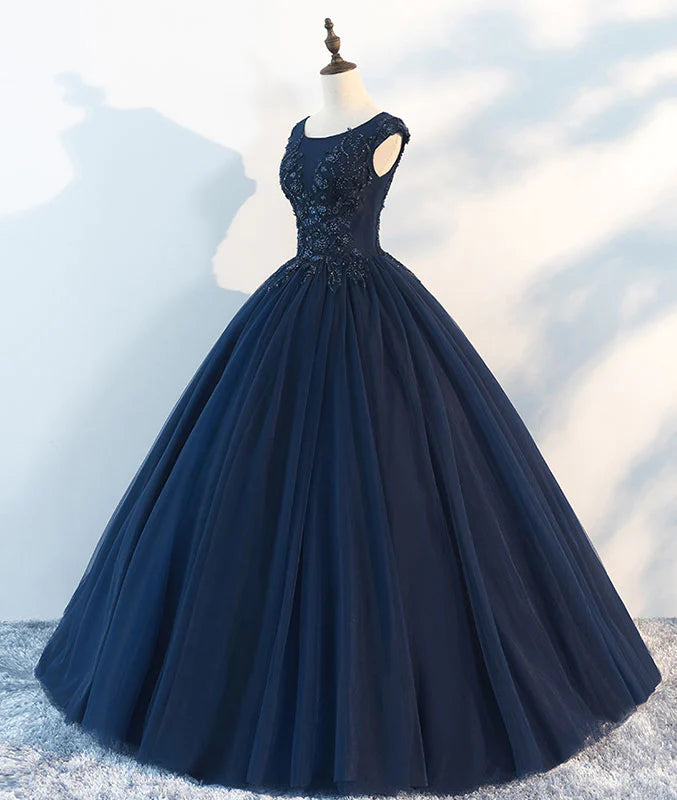 Sleeveless Prom Dress Navy Blue A-Line Lace Printed Evening Dress