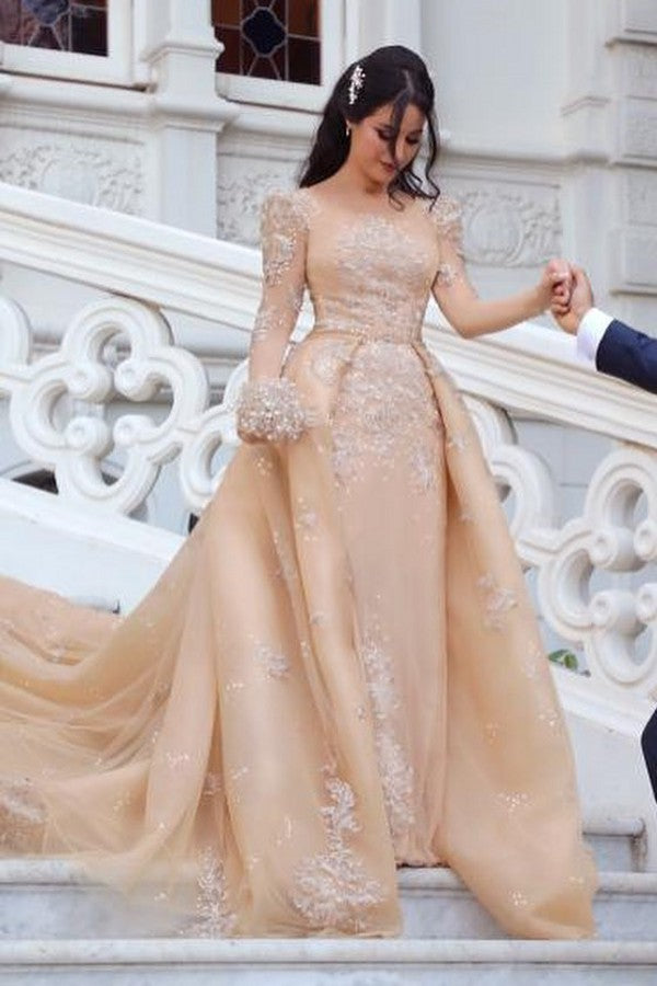 Bmbride Long Sleeve Tulle Bateau Detachable Wedding Dress