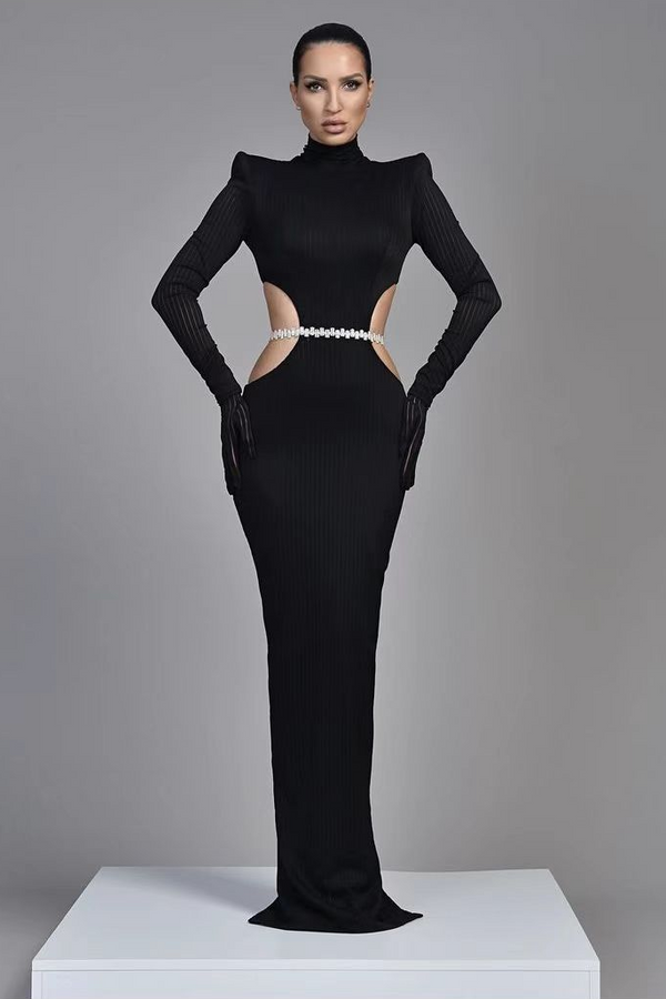 Long Sleeved Mermaid Evening Dress with High Neck and Belt