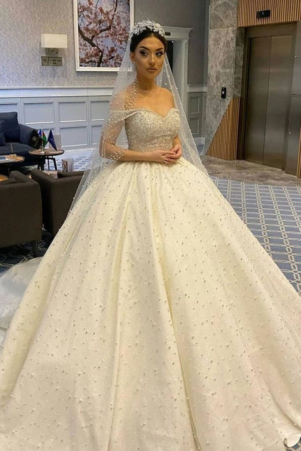 Bmbride Sweetheart Off-the-Shoulder Backless Pearl Beading Ruffles Tulle Ball Gown Wedding Dress